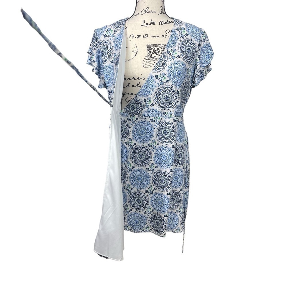 Harper Heritage Floral Design Ruffle Cap Sleeve Wrap Dress Blue - Picture 6 of 14